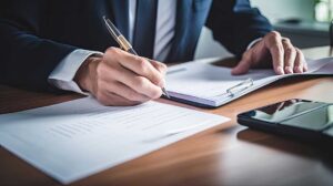 A homeowner reviews a renewal notice beside a calculator, house keys, and a folder of insurance documents.